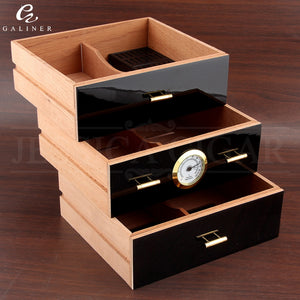 GALINER Triple Drawer Cedar Wood Humidor With Hygrometer